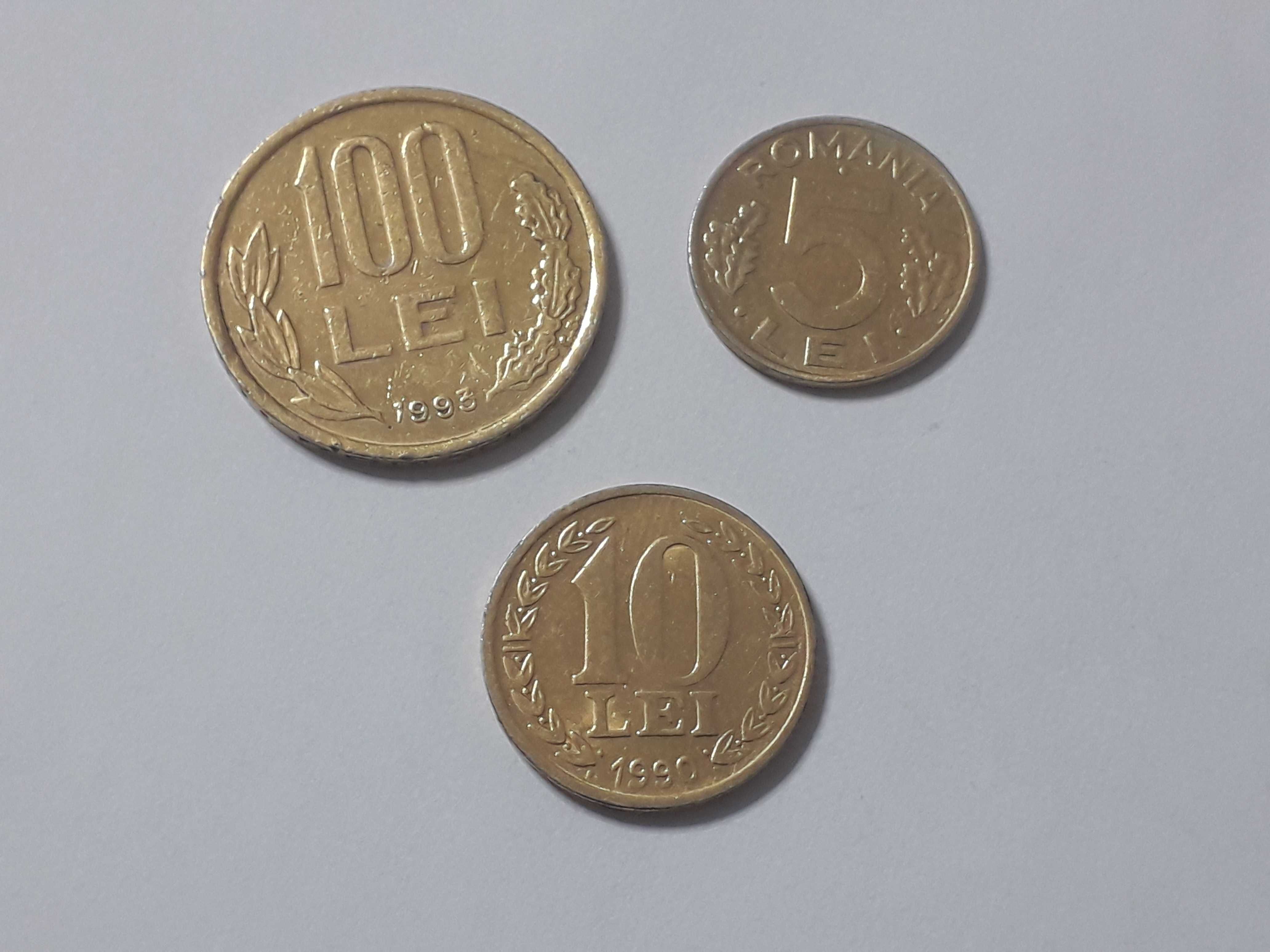 Lot 3 monede placate cu aur - 10 lei 1990, 100 lei 1993,  5 lei 1995