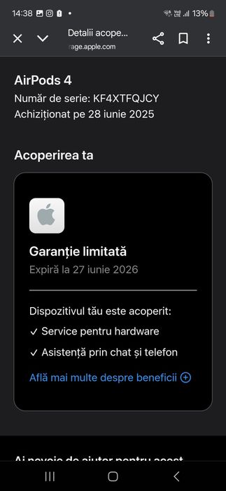 Casti Apple airpods 4 active noise cancelation si garantie activa