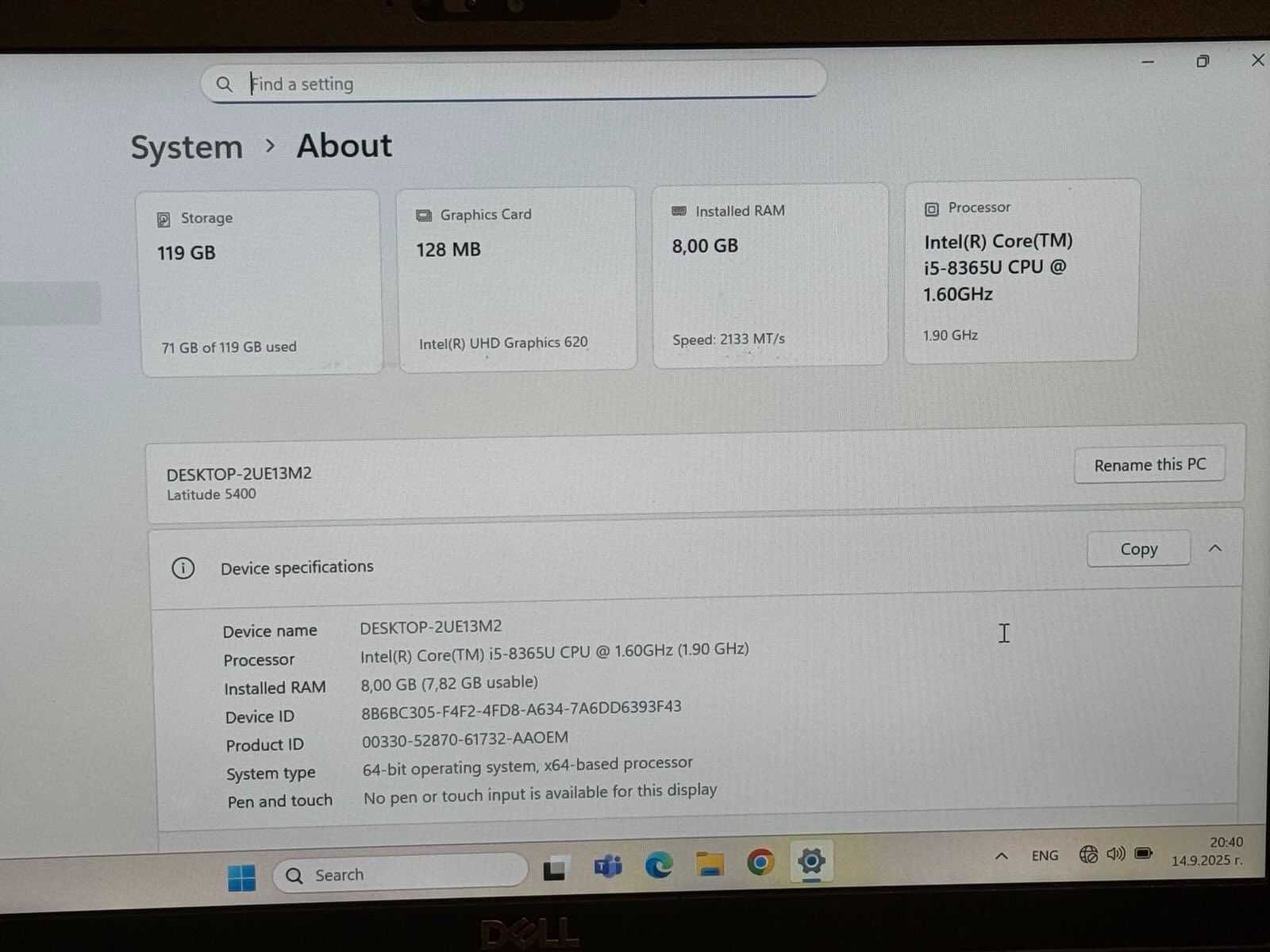 Dell Latitude 5400 I5/8RAM/128SSD/UHD Graphics 620/Full HD