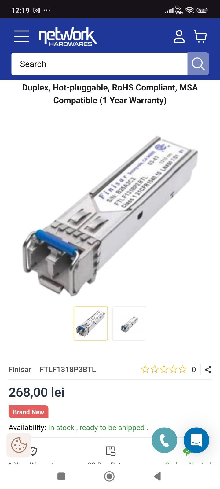 Modul SFP Finisar FTLF1318P3BTL 1.25 Gb/s Gigabit Ethernet