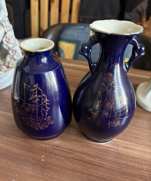 Set 2 vaze porțelan cobalt cu detalii aurii