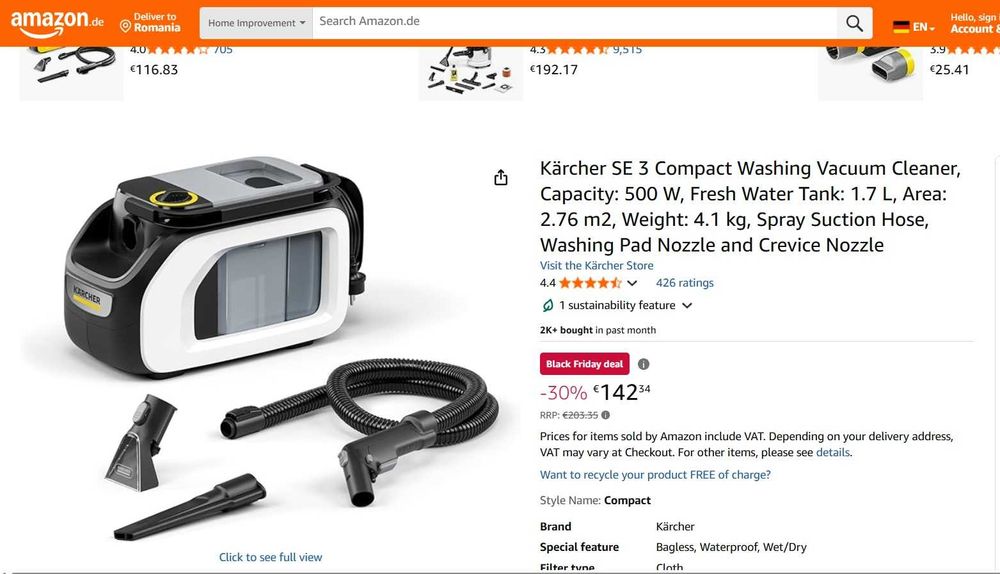 Aspirator cu spalare Kärcher SE 3 Compact , 500 W, rezervor apă 1,7 l