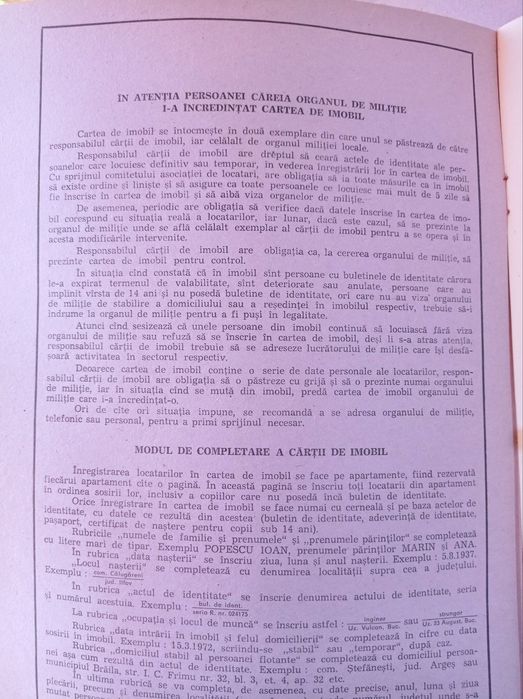 Carte de imobil din arhiva miliției R.S.R, document necompletat.
