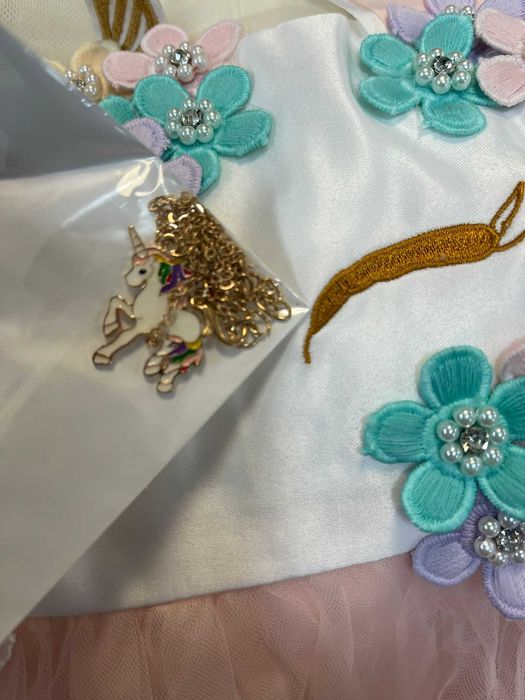 Costum rochie Unicorn multicolor cu cordeluta pentru fete, 120 cm