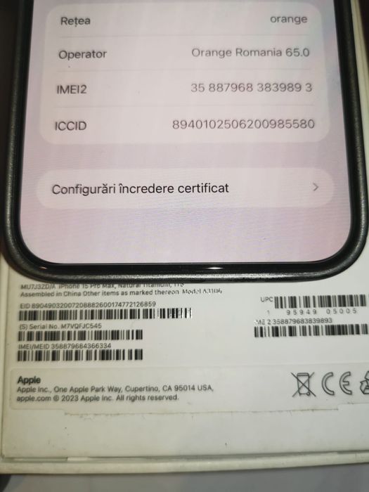 Iphone 15 Pro Max 1tb Natural Titanium cutie si garanție