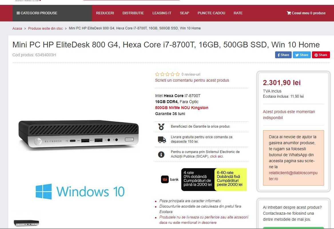 Mini PC HP EliteDesk 800 G4,  i7-8700T, 16GB, Win 10 , wireles