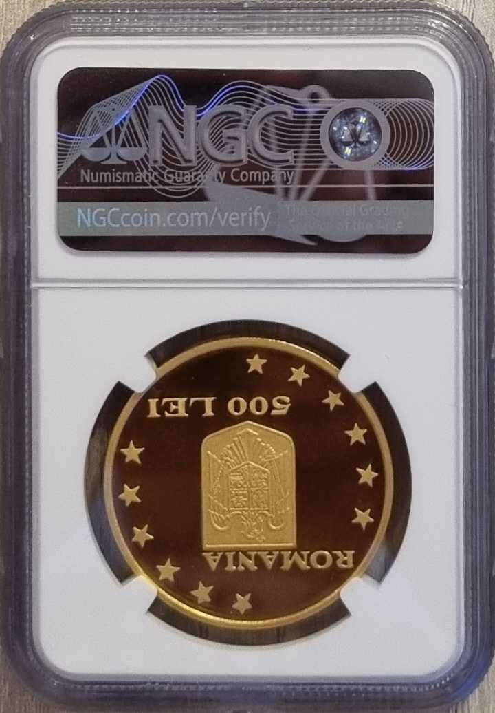 Moneda BNR 500 lei aur, aderarea Romaniei la UE, gradata NGC PF 68