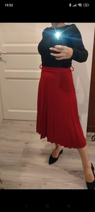 Fustiță midi plisată, Roșu purpuriu, bandă lată pe talie