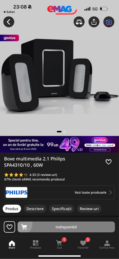 Boxe multimedia 2.1 Philips
