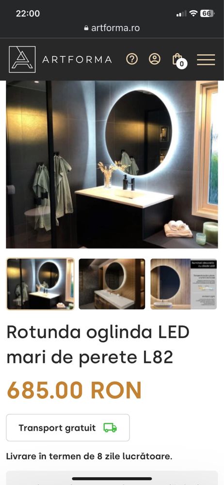 Oglinda baie rotunda , diametru  60 CM, ILUMINARE LED, BUTON TOUCH