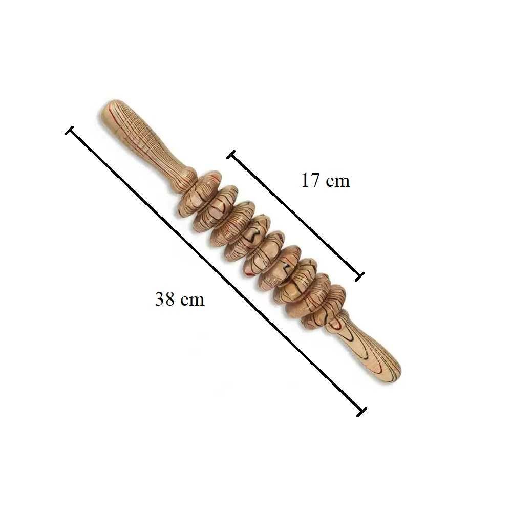 Roller masaj din lemn 38 cm, 9 role, maro, pt spate, maini, picioare