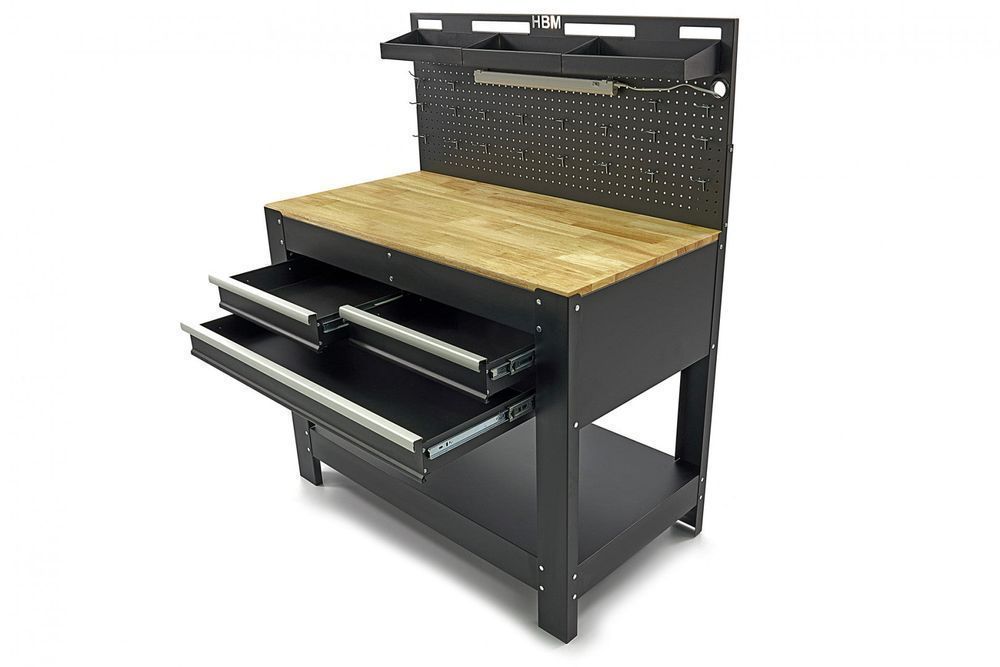 Banc de lucru metalic profesional 3 sertare, blat lemn masiv, panou il