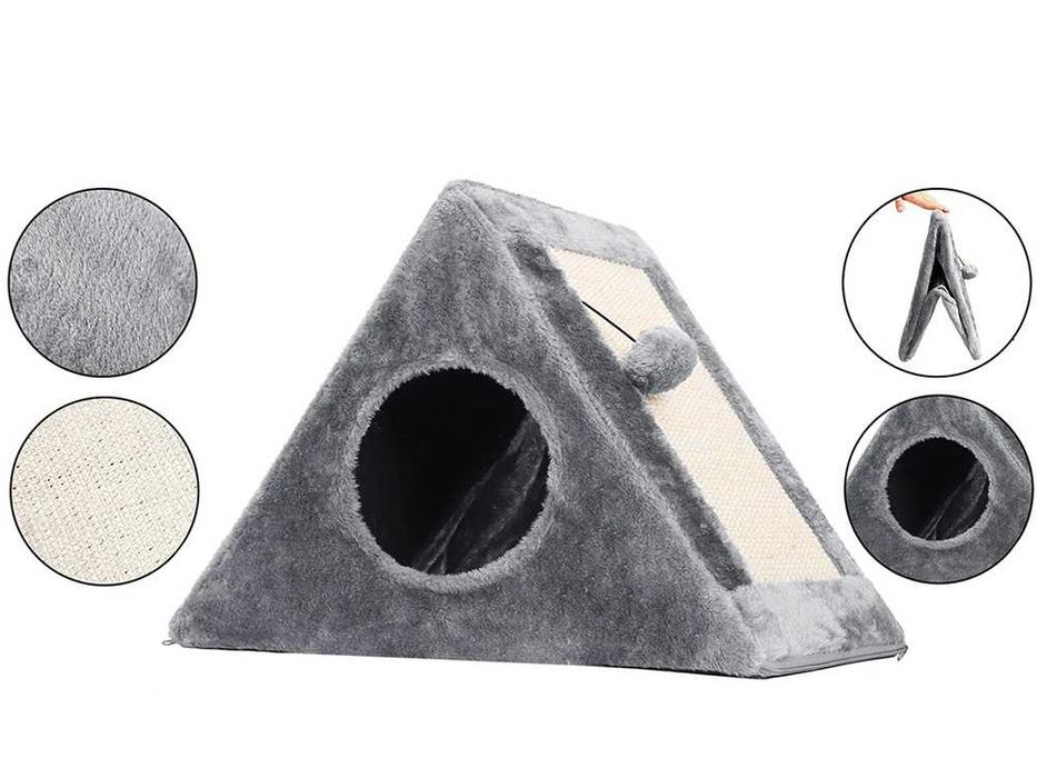 Casuta pliabila pentru pisici cu zona de zgariat si bila 44x42x26 cm