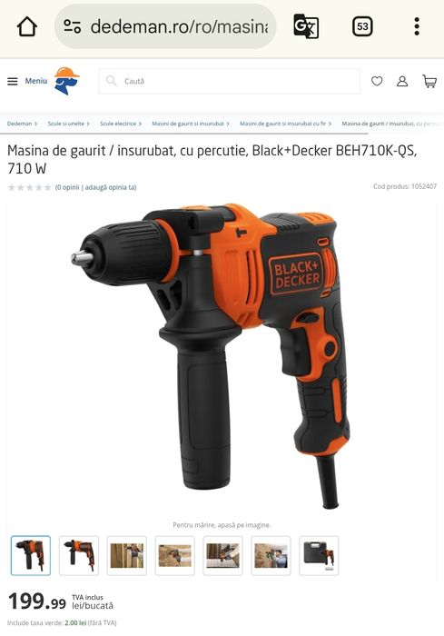 Bormasina masina de gaurit/insurubat, cu percutie,Black+Decker BEH710K