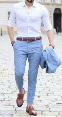 Pantaloni slim XL L premium CINQUE noi lana tesatura fina bleu ciel
