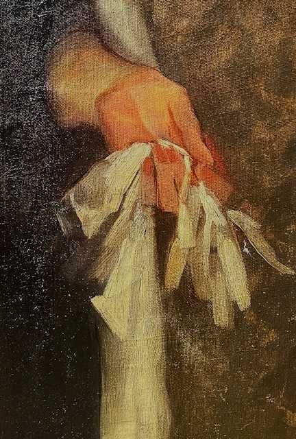 Doamna cu mantou alb-Tablou F VECHI, mare 100x70cm+R ulei/pnză, semnat