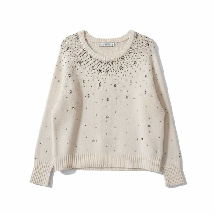 Пуловер ZARA с камъчета и пайети в бял цвят