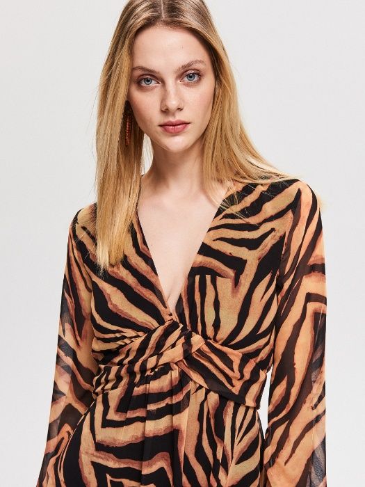 Rochie Animal-print zebra maro-negru ombre,anchior,maneca lunga