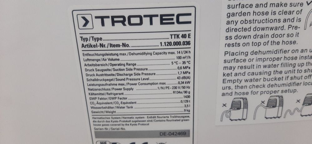 Dezumidificator Trotec TTK 40E, 14L/zi, 100mc/ora, Display si Control