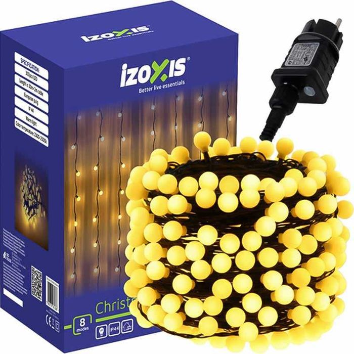 Коледни лампички IZOXIS – 300 LED топли бели топки, 30 м, 8 режима