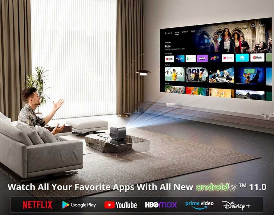 1080P ETOE E3 Pro Projector, Android, 4K + SUPORT Inclus - NOU