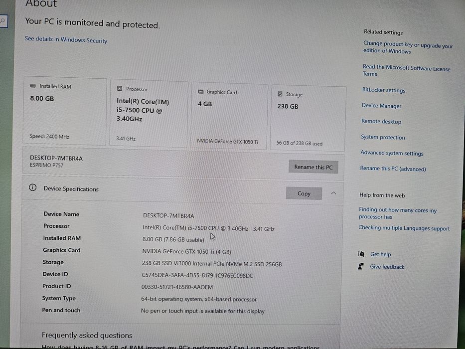 unitate PC Fujitsu (i5 7500, 8GB DDR4, GTX 1050ti, SSD 256GB)
