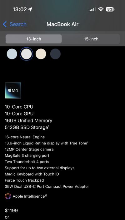 Macbook Air 13 M4 16gb 512gb starlight