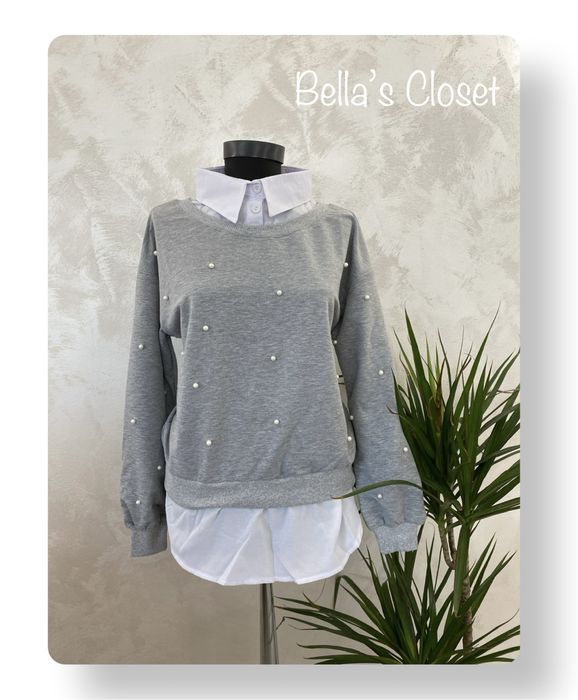 Hanorac cu guler cămașă și perle