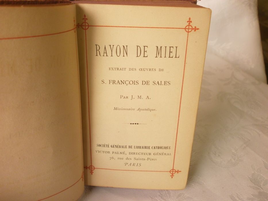 Стара Френска Католическа Книга - Меден Лъч - с Твърди Кожени Корици