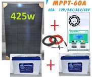 Соларен панел 425w + 2бр 100ач AGM Тягов Акумулатор 60A MPPT Контролер