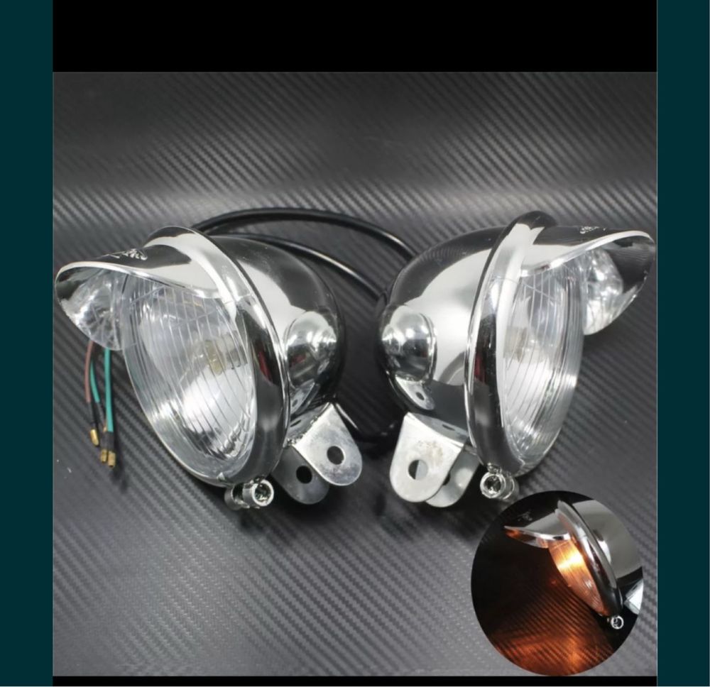 Set Proiectoare crom cromate nichel lumini moto CHOPPER bobber cruiser