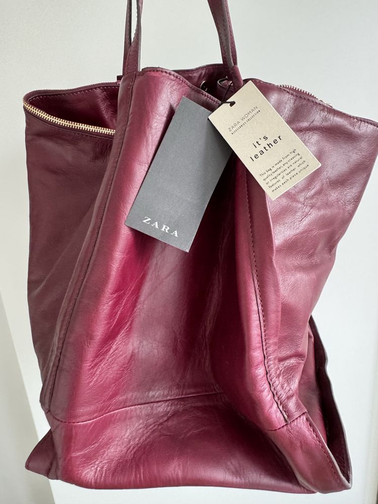 Zara голяма чанта естествена кожа