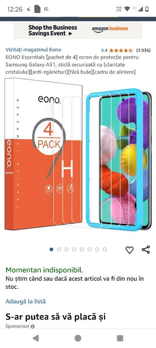 Vând folie de protecție pentru telefon Samsung A51