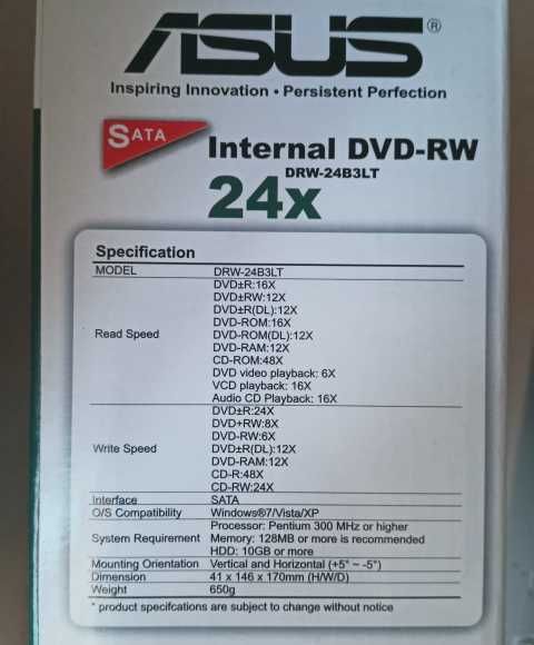 DVD-RW оптично устройство Asus DRW-24B3LT SATA 24x