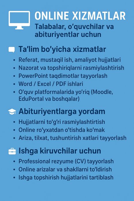 Online barcha turdagi xizmatlar