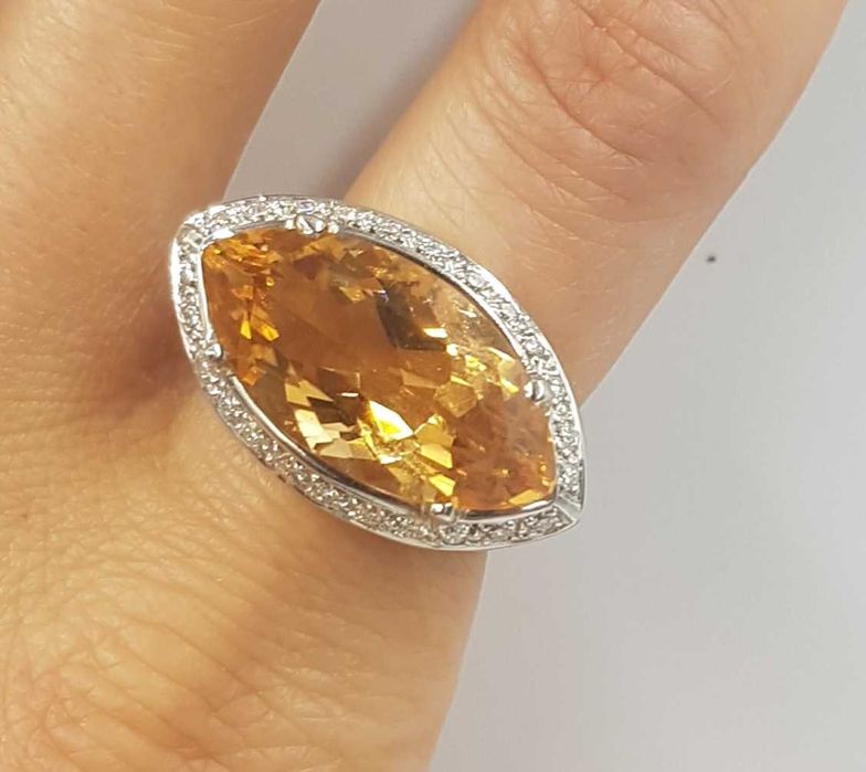 Splendid inel vintage din aur alb 18 k, diamante si citrin naturale