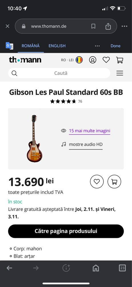 Chitara electronica Gibson Les Paul Standard 60s BB