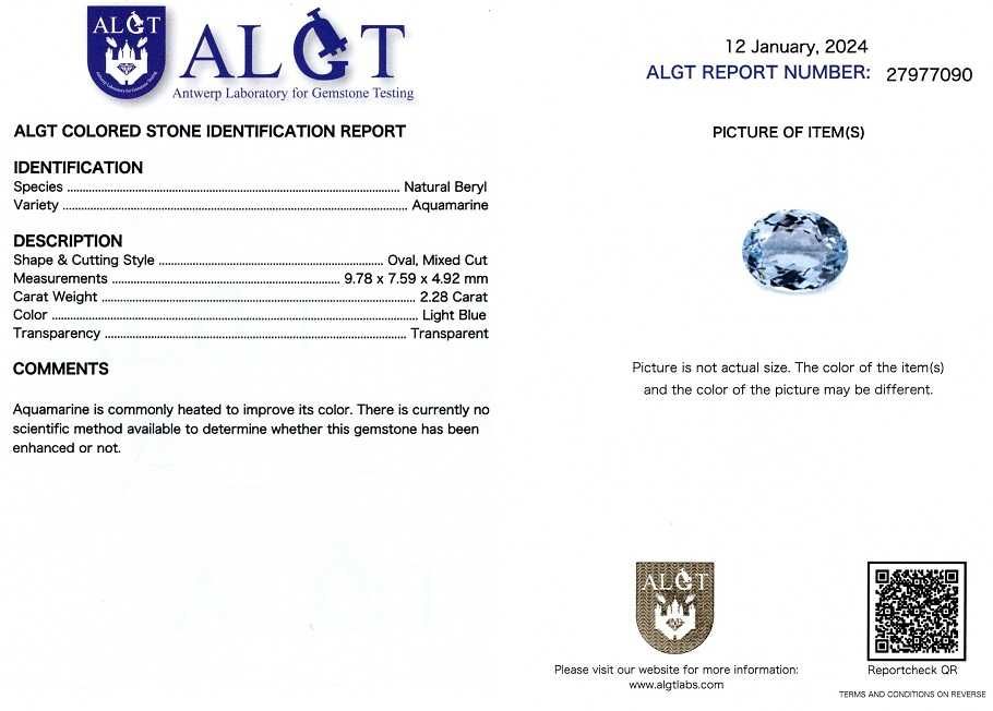 Aquamarin oval 2,28 ct., certificare ALGT Antwerp(10031)