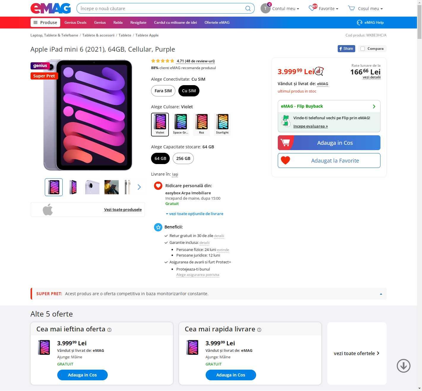 Tableta iPad Mini 6 cellular 5G SIM purple ca NOUA + folie + husa