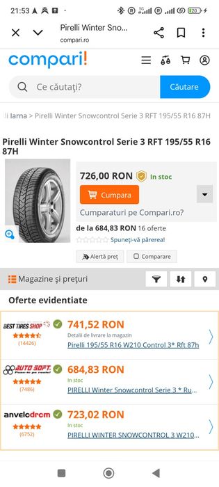 Anvelope  195/55 R16 87H iarnă Pirelli Winter Snowcontrol 3 –  NOI.