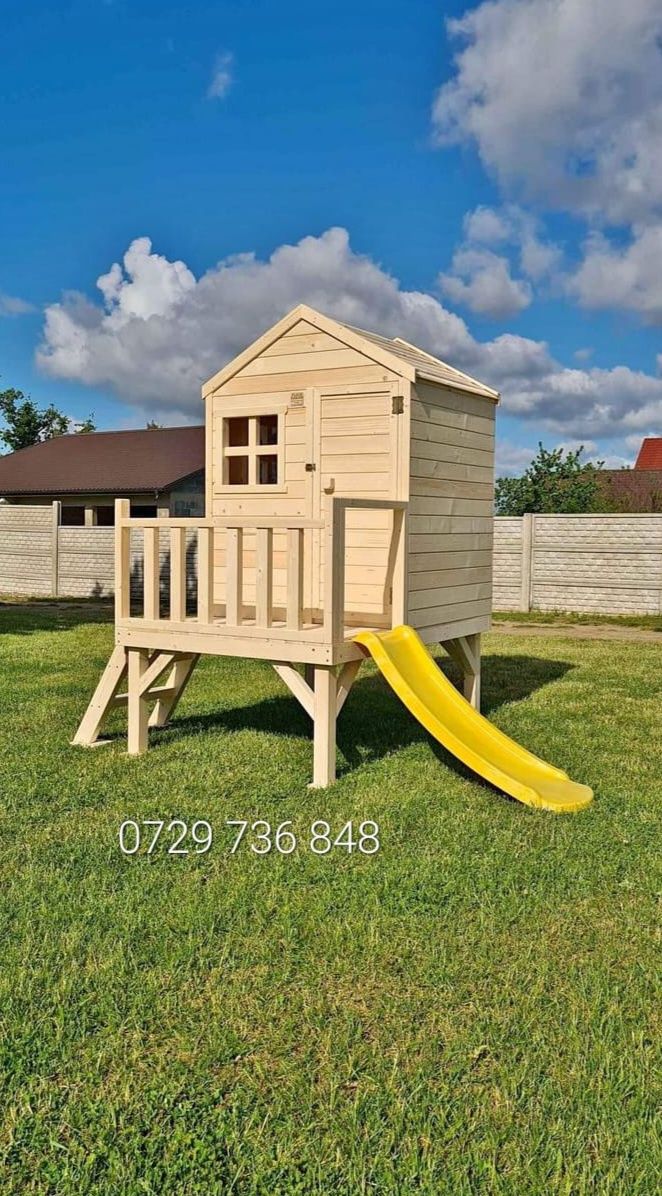 Căsuța  spațiu loc de joaca pentru copii  leagăn topogan lemn