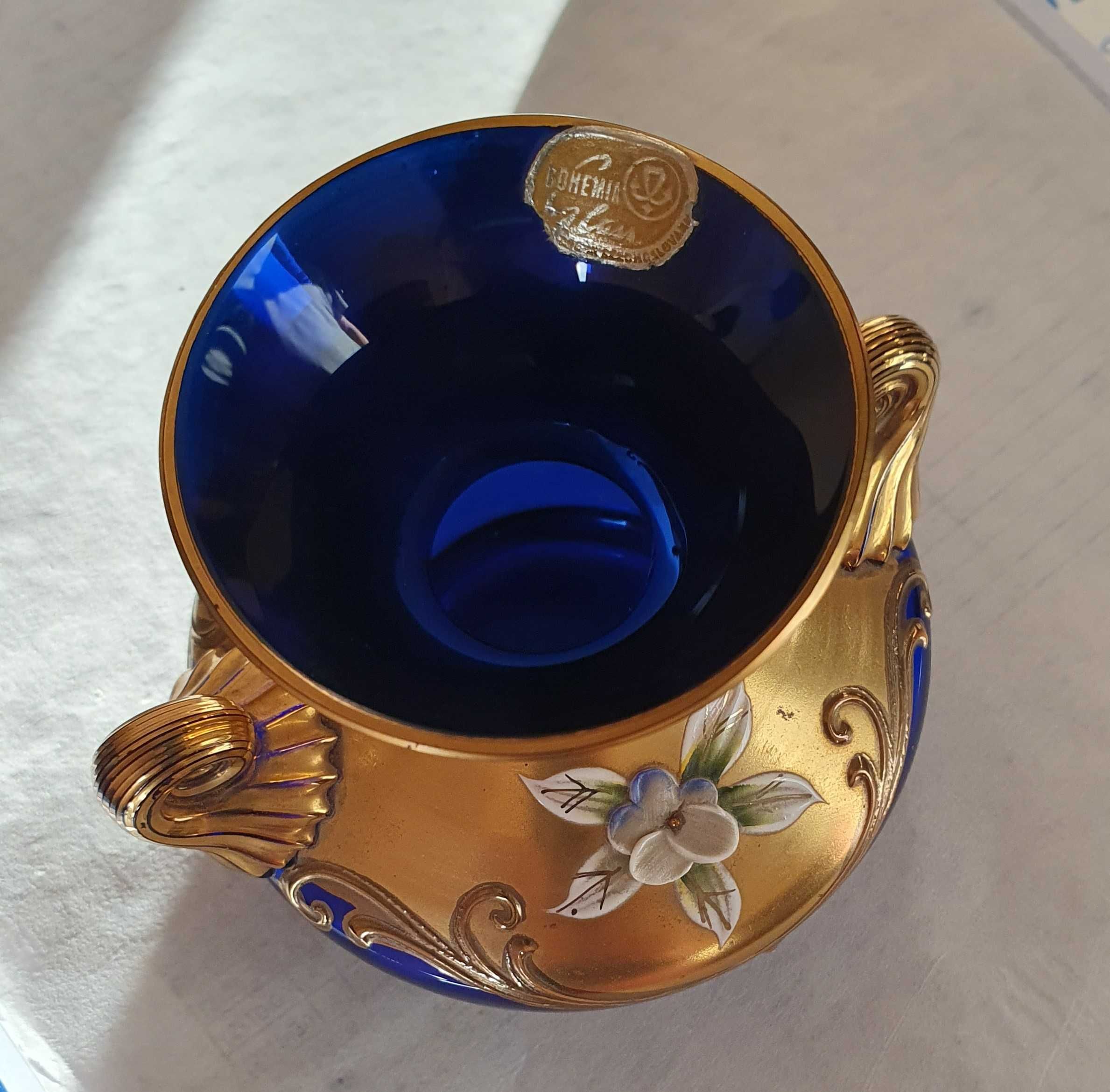 Vază de cristal Bohemia albastru cobalt, aurită