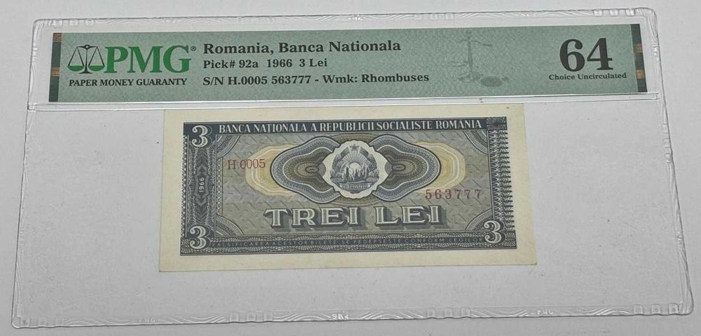 bancnota rara romaneasca - 3 lei 1966 gradata PMG64