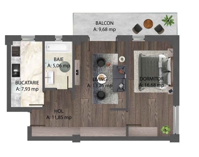 Apartament 2 camere decomandat + 10 mp terasă
