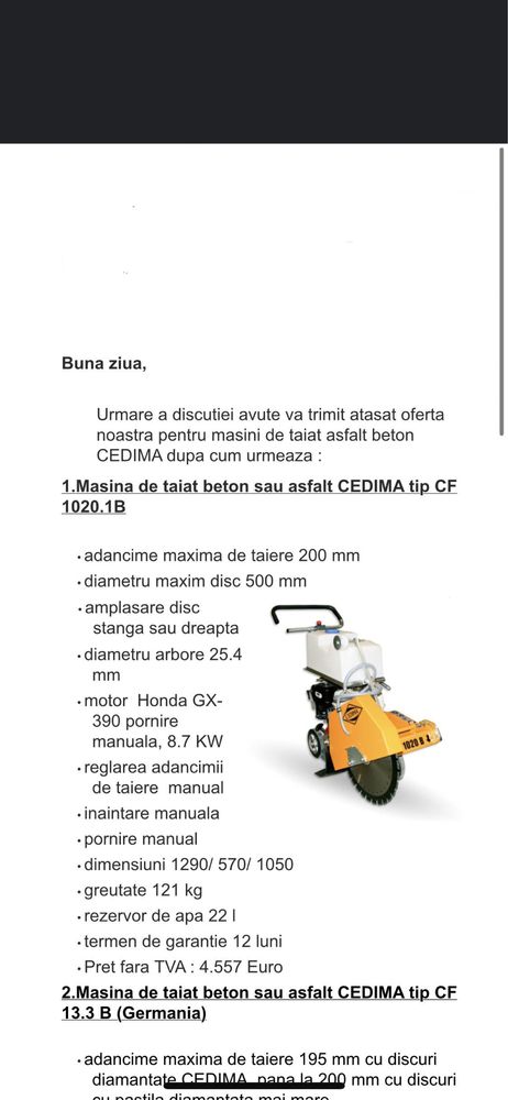 Masina de taiat beton sau asfalt CEDIMA tip CF 1020.1B