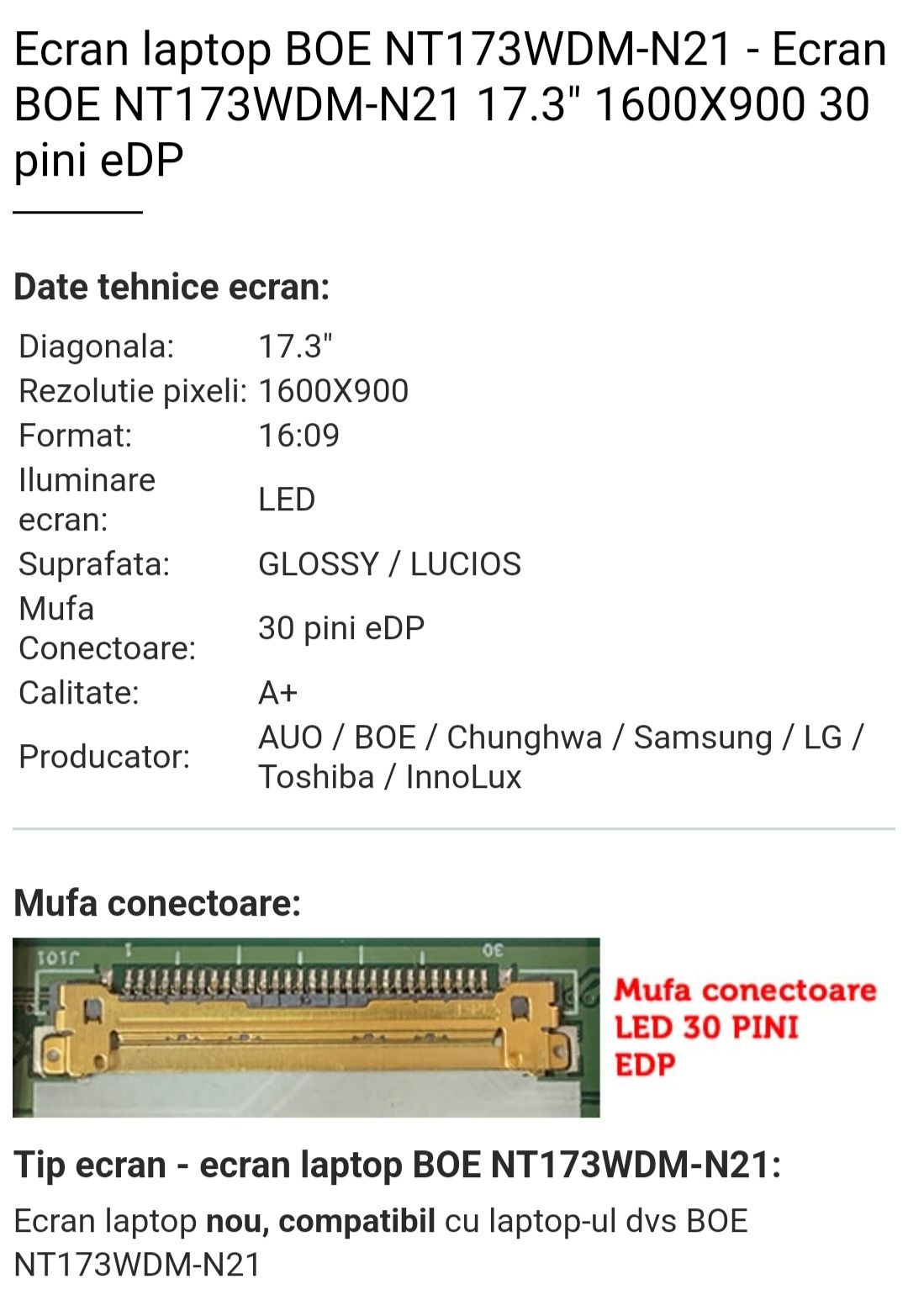 Vand display sleem led  17.3 inch NT173WDM-N21