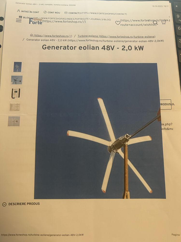 Vand Turbina eoliana orizontala 2000 W cu controler 30A , 5 pale