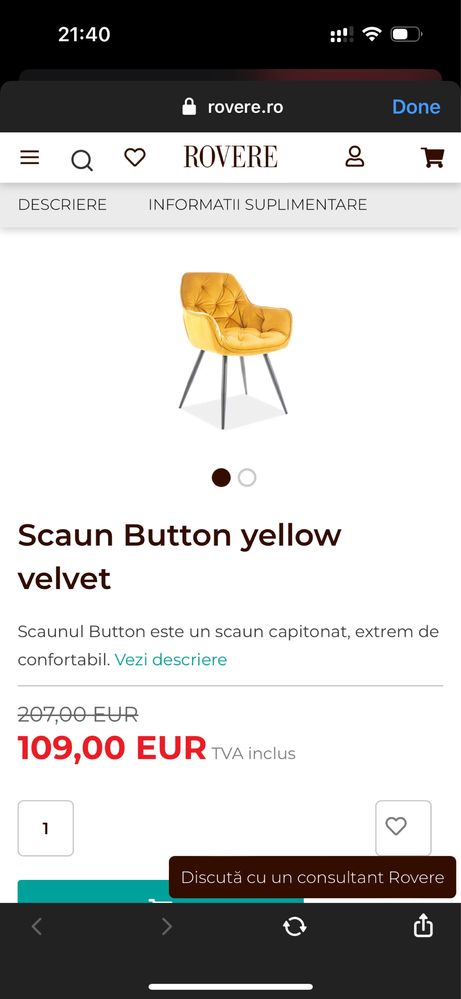 Scaun / fotoliu catifea button yellow velvet