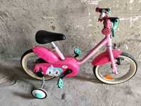 Детски велосипед 14 цола с помощни колелца за момиче btwin 500 unicorn