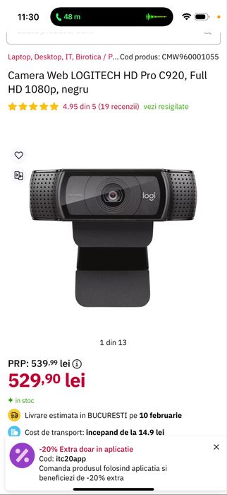 Camera Web LOGITECH HD Pro C920, Full HD 1080p, negru